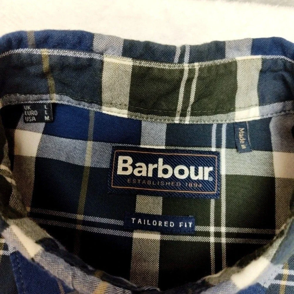 Barbour Shirt Mens Large Blue Tartan Plaid Long Sleeve Button Up Tailored Fit - Picture 6 of 12